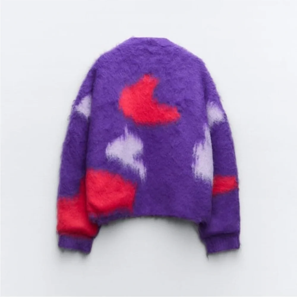 ZARA Brushed Fuzzy Finish Knit Open Cardigan Abstract Unique Purple Red L